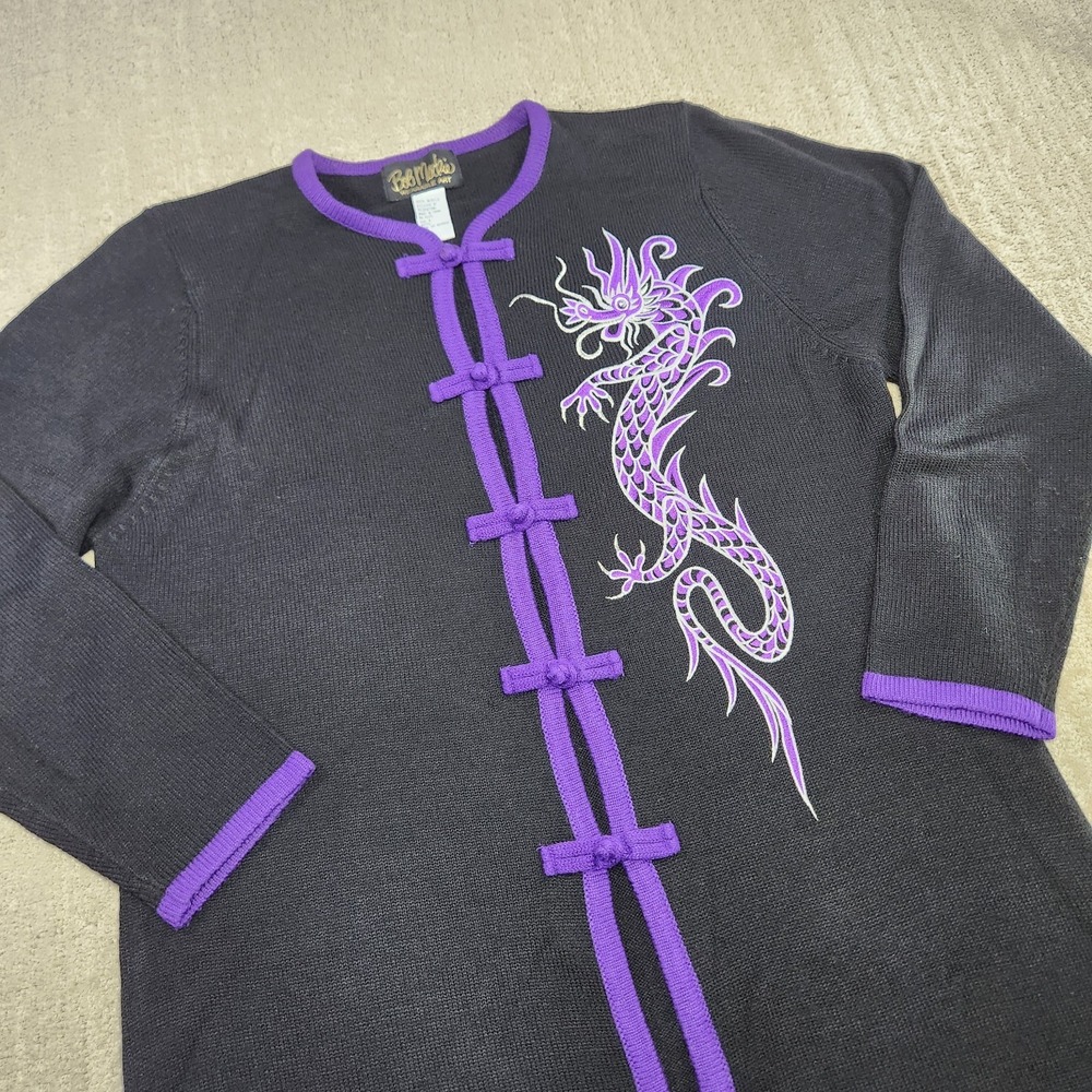 Bob Mackie Wearable Art Sweater Women Large‎ Dragon Knit Cardigan Embroidery